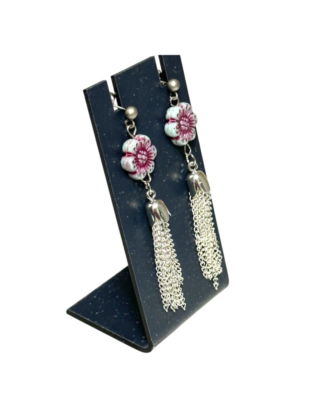 Silver Tassel Earrings Czech Glass Flower Floral Dangle Stainless Steel - Picture 8 of 9